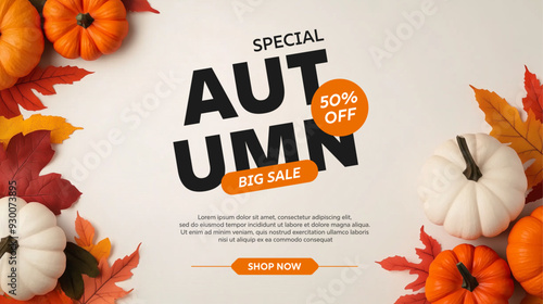 Festive autumn decor from pumpkins, berries and leaves on a white wooden background. Concept of Thanksgiving day or Halloween. Flat lay autumn composition with copy space