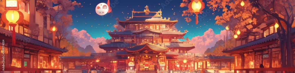 Fototapeta premium Enchanting Mid-Autumn Festival: Illuminated Chinese Buddhist Temple Adorned with Traditional Lanterns. AI-Generated Digital Art in Anime Style for Seasonal Marketing, UI Design, and Cinematic Greeting