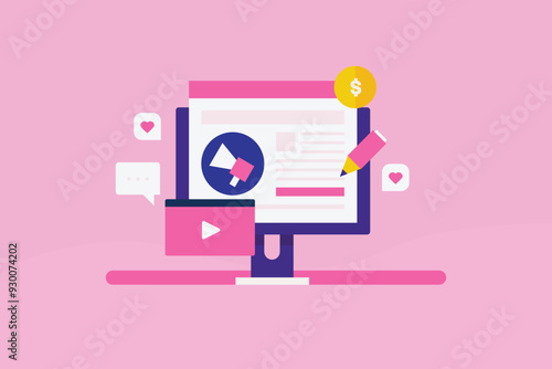 Marketing Blog, Writing content on digital marketing, Blog for digital marketing, Making money from blog. Vector illustration background.