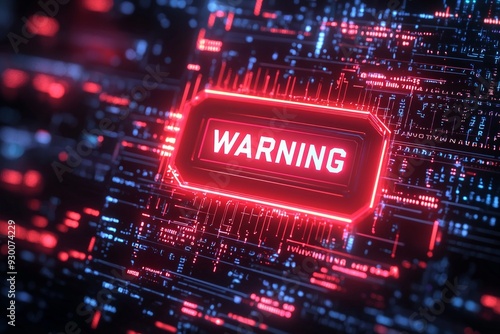 A glowing red warning icon with text "WARNING" inside, overlaid on a dark digital interface filled with code lines, symbolizing detected threats in a cybersecurity system. 