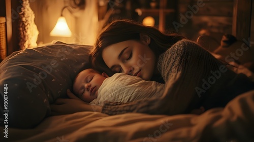 Peaceful Maternal Embrace Newborn Resting on Mother s Chest in Dimly Lit Bedroom