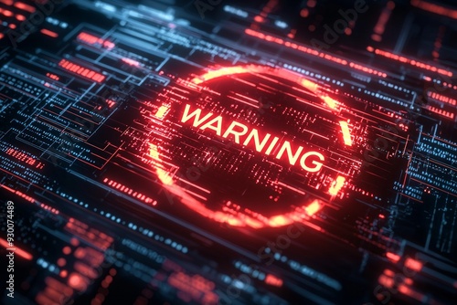 A glowing red warning icon with text "WARNING" inside, overlaid on a dark digital interface filled with code lines, symbolizing detected threats in a cybersecurity system. 