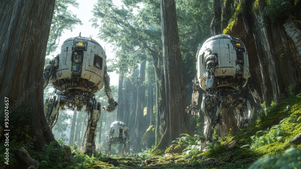 Two futuristic robots walk through a dense forest. Two futuristic robots walk through a dense forest.