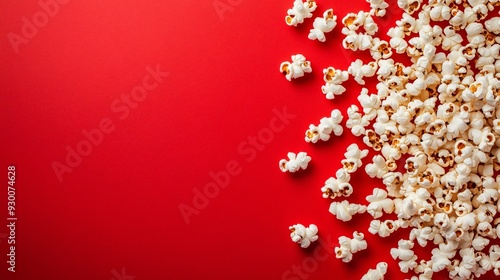 Delicious Popcorn on Vibrant Red Background - Flat Lay with Copy Space
