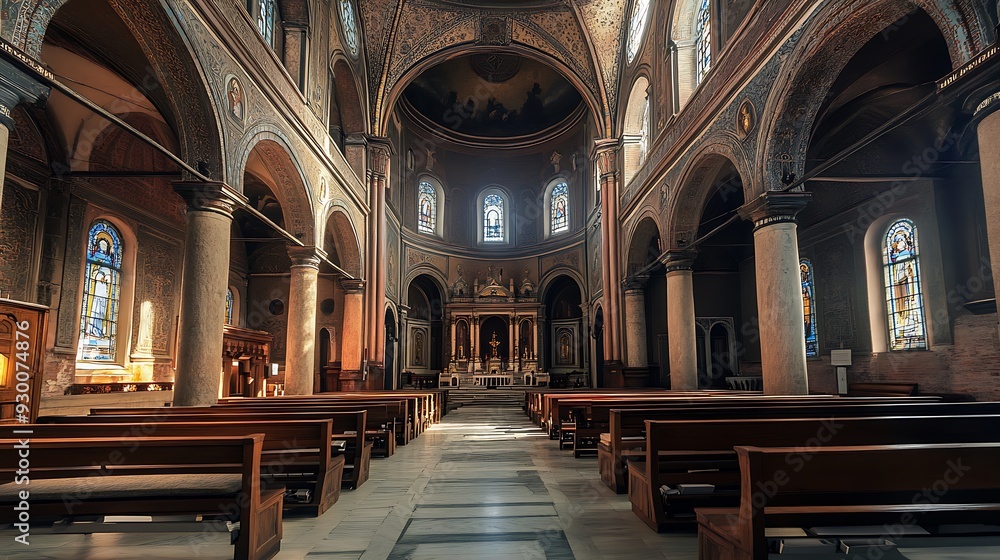Fototapeta premium Empty Church Interior with Stained Glass Windows and Pews