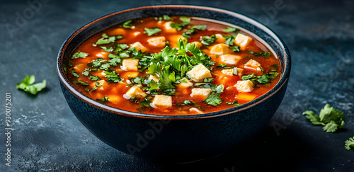 A vibrant bowl of delicious soup garnished with fresh herbs, showcasing rich colors and inviting textures.