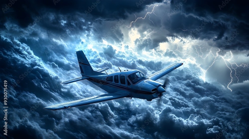 Fototapeta premium Skilled Pilot Navigating Small Plane Through Intense Storm with Lightning and Churning Clouds