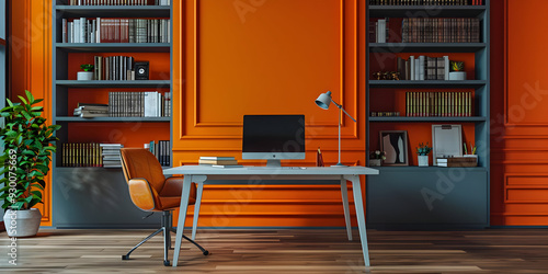 Wallpaper Mural Modern Home Office Interior Design with Orange Wall, 3D Illustration Torontodigital.ca