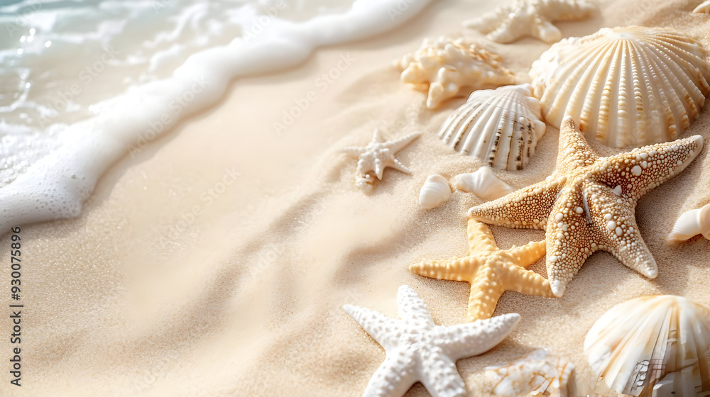 Beautiful beach scene featuring sand, seashells, and starfish with gentle waves lapping at the shore, creating a serene atmosphere. Beautiful beach scene featuring sand, seashells, and starfish with gentle waves lapping at the shore, creating a serene atmosphere.