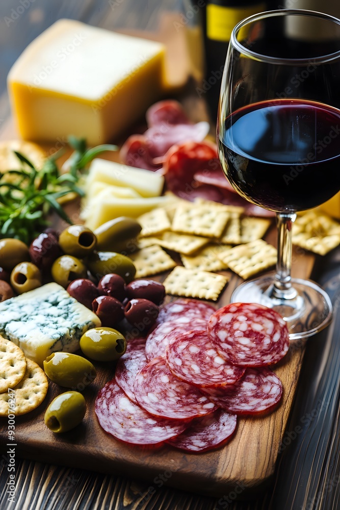 An antipasto board featuring salami, cheese, crackers, and olives, elegantly paired with a glass of wine. An antipasto board featuring salami, cheese, crackers, and olives, elegantly paired with a glass of wine.