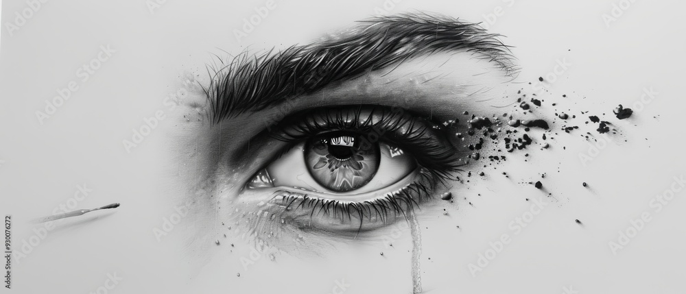 Obraz premium A pencil drawing of a person's eye with excessive dirt in the iris