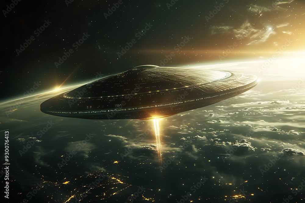 UFO Hovering Over Earth at Sunset. UFO Hovering Over Earth at Sunset.