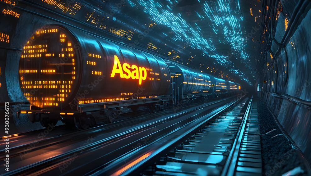 Naklejka premium Futuristic train illuminated by bright neon lights, racing through a high-tech tunnel with a dynamic blue glow.