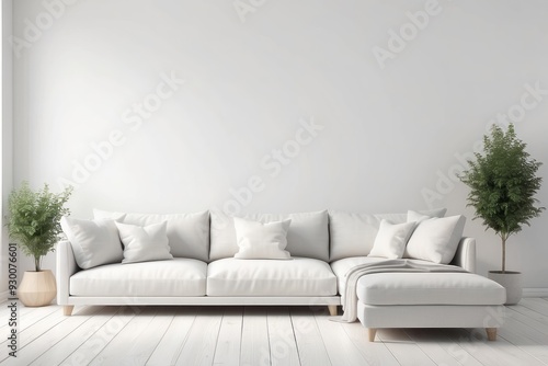 White Sectional Sofa with Pillows and Plants in Minimalist Living Room
