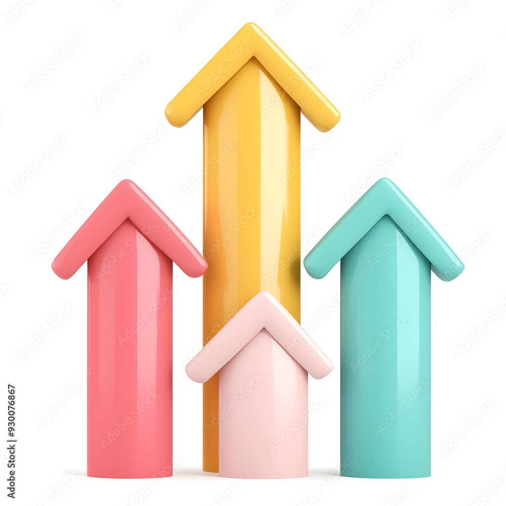 A 3D bar graph with arrows pointing upwards, increasing trend representation, 3D illustration, isolated on white background