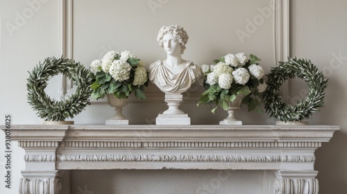 Elegant Marble Fireplace with Classical Bust and Hydrangea Floral Arrangements