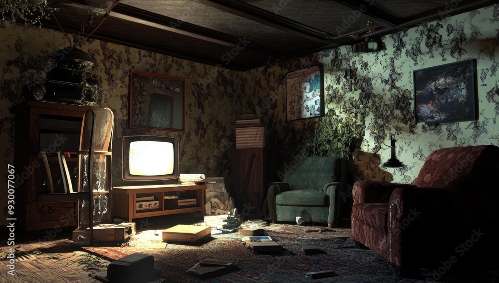 A dimly lit room with furniture, a TV, and a A dimly lit room with furniture, a TV, and a