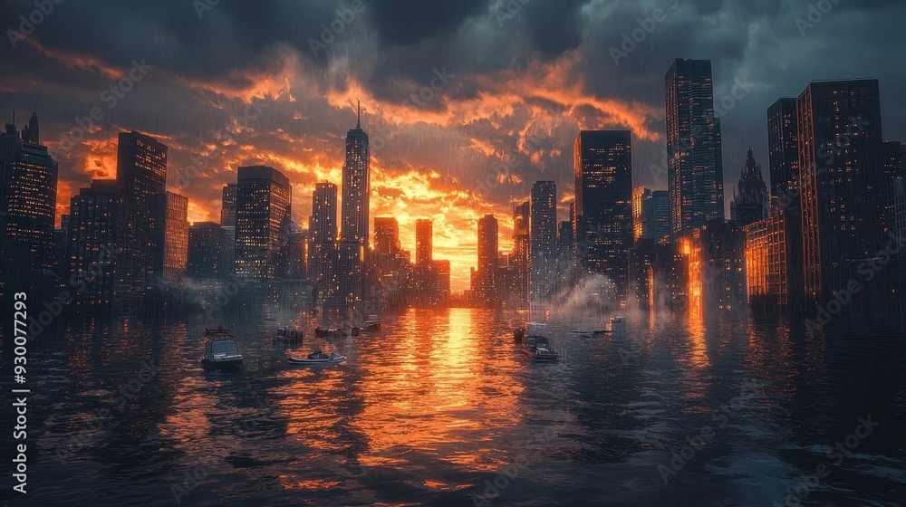 Fototapeta premium Severe effects of climate change, flooded cityscape.