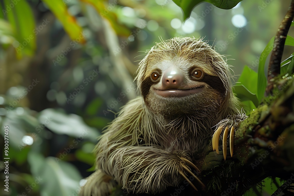 Smiling Sloth Hanging in a Tropical Rainforest.