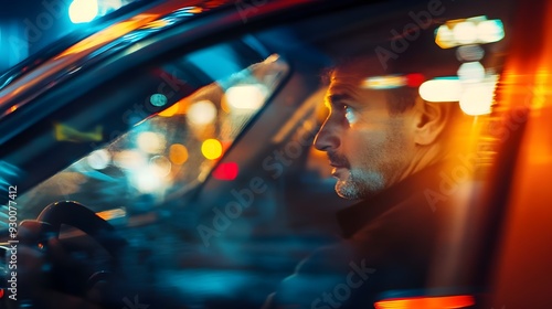 Taxi Driver Illuminated by Soft Evening Lights and City Reflections
