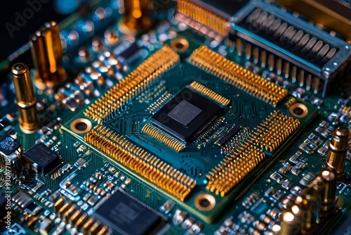 High-resolution close-up of a complex circuit architecture, showcasing the intricate design of modern technology components. Ideal for technology, engineering, and electronics visuals.