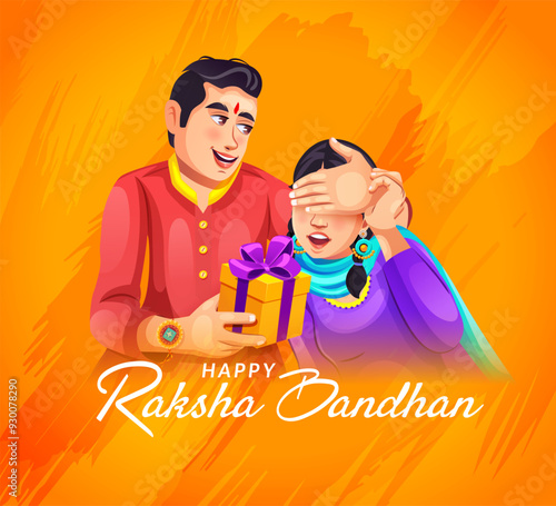 Brother is giving a surprise gift to his sister on the occasion of Raksha Bandhan- Greeting card concept of traditional culture, sibling bonding, Rakhi, and Bhai Dooj festival