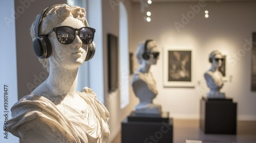 Classical Marble Statue Wearing Modern Sunglasses and Headphones in Art Gallery photo