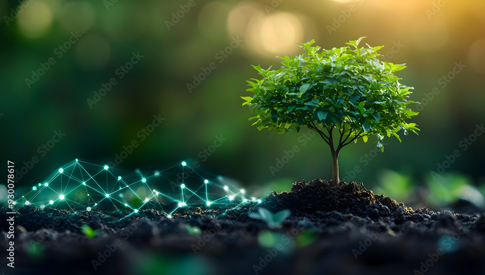 A young tree thriving in rich soil, symbolizing growth and innovation in a sustainable environment with digital connections. A young tree thriving in rich soil, symbolizing growth and innovation in a sustainable environment with digital connections.