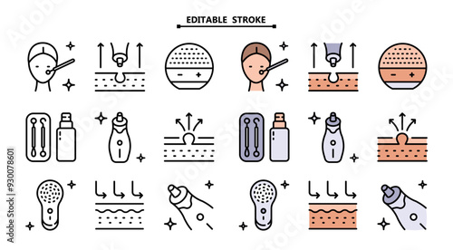 Skin care icons set. Editable stroke. Facial Skin Cleaner icons set. Facial cleansing Home Beauty Device icons set