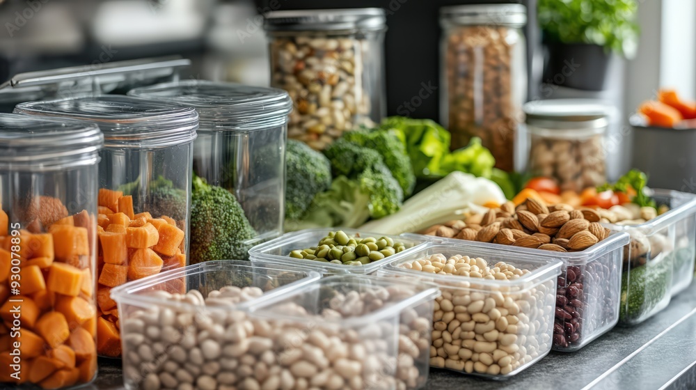 Kitchen Setup with Different Dried Foods Stored in Clear, Airtight Containers on Countertops and Shelves Kitchen Setup with Different Dried Foods Stored in Clear, Airtight Containers on Countertops and Shelves