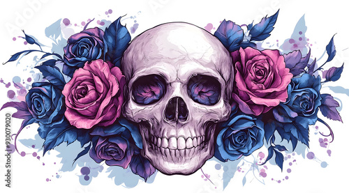 A vibrant skull illustration surrounded by beautiful roses, blending elements of macabre and floral artistry in a stunning design.