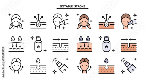 Facial Skin Cleaner icons set. Editable stroke. Face skin healthy. Device peeling simple vector