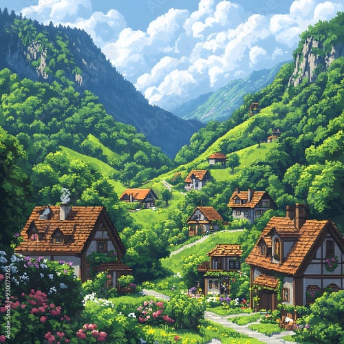 Wallpaper Mural Whimsical Pixel Art Landscape with Charming Village Nestled in Lush Hills and Forests Torontodigital.ca