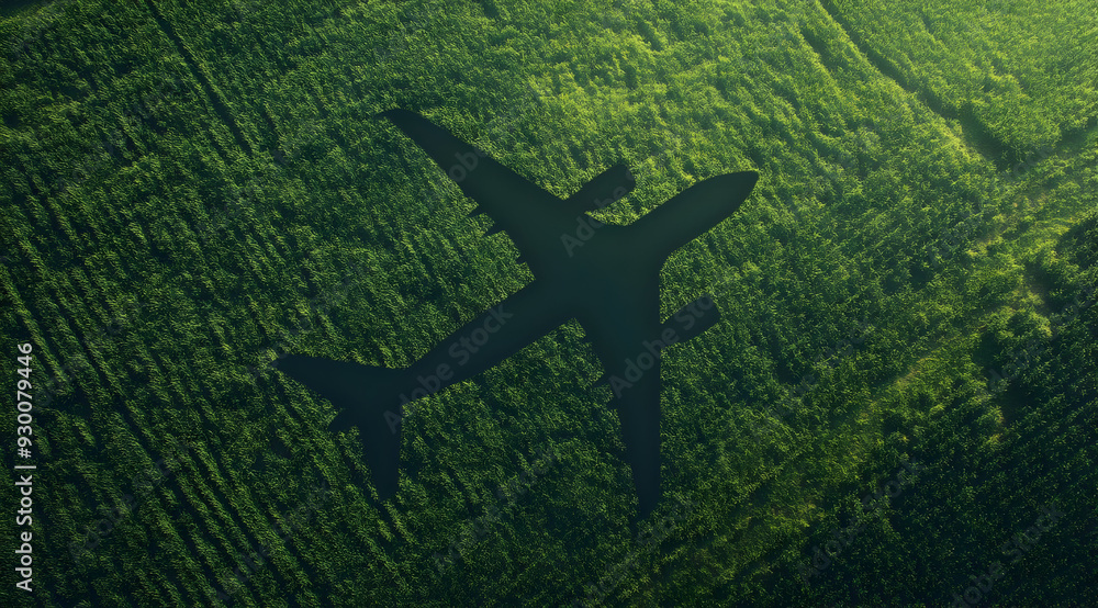 Fototapeta premium Aerial view of an airplane shadow projected over vibrant green fields, symbolizing travel and exploration in nature.