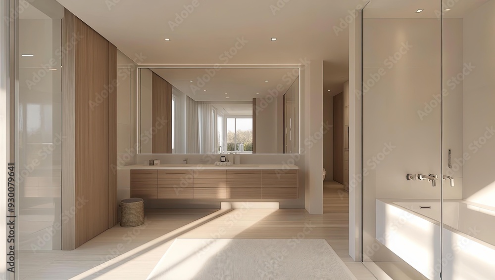 Modern bathroom with a large mirror, a freestanding bathtub, and Modern bathroom with a large mirror, a freestanding bathtub, and