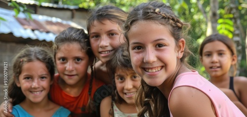 A joyful group of young girls posing together, showcasing friendship and happiness in a vibrant outdoor setting.
