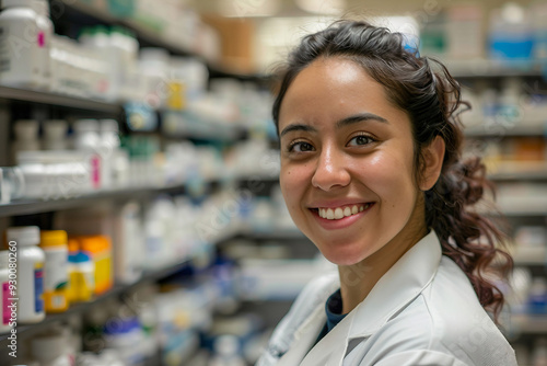 Photography of smiling pharmacist in a pharmacy store generative ai