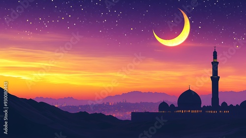 Mosque Silhouette at Sunset with Crescent Moon