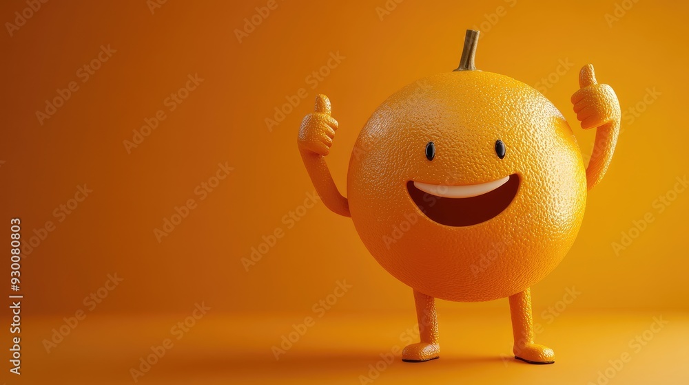 Cheerful orange with arms and legs, giving a thumbs up on a vibrant orange background. Cheerful orange with arms and legs, giving a thumbs up on a vibrant orange background.