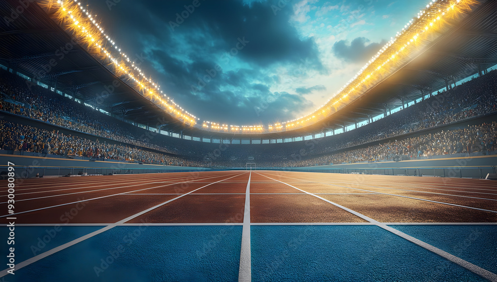 Obraz premium A vibrant sports stadium with illuminated tracks, perfect for athletic events and competitions under a dramatic sky.