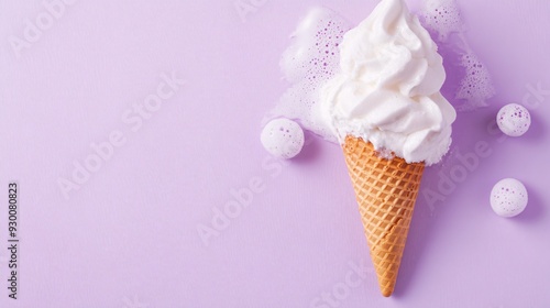 Top View Ice Cream Cone Shaving Foam Violet Background