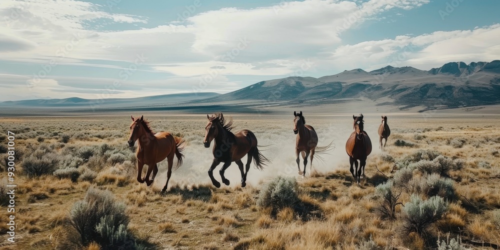 custom made wallpaper toronto digitalA stunning scene of wild horses galloping through an open landscape, showcasing freedom and natural beauty under a clear sky.