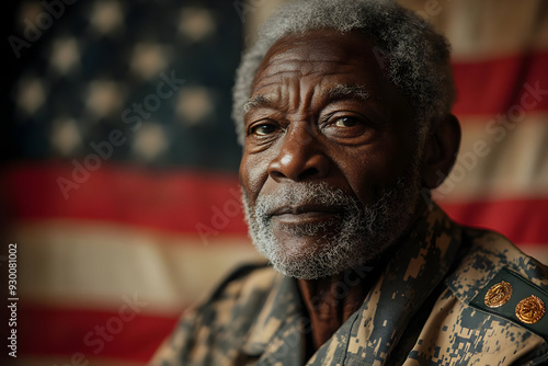 A portrait of an elderly veteran showcasing wisdom and strength against an American flag backdrop.