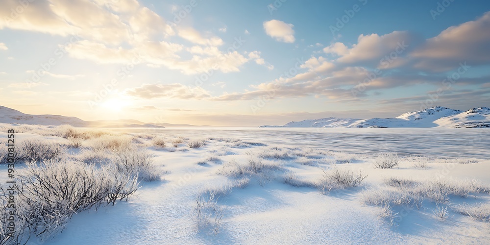 Snowy Mountain Landscape with Frozen Lake at Sunset Snowy Mountain Landscape with Frozen Lake at Sunset