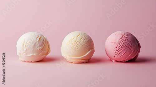 Different flavor ice cream scoops lined up aesthetically