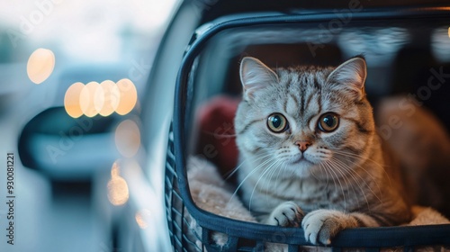 Traveling with Pet: Cute Cat in Carrier Inside Car Space