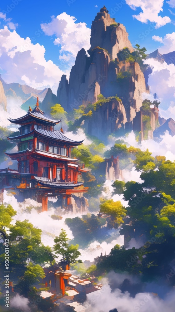Obraz premium Serene Chinese Temple Landscape: Anime-Style Digital Art with Majestic Mountains and Lush Forests. AI-Generated Cinematic Scene for Marketing, UI Design, and Storytelling. Versatile 4K Illustration fo