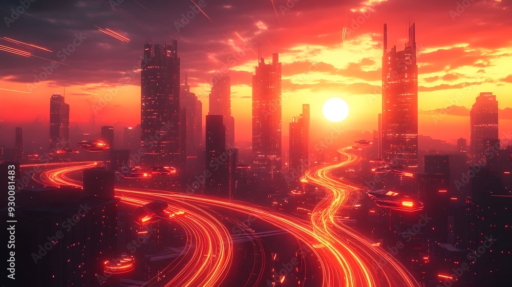 Fototapeta premium Futuristic Skyline Sunset Cityscape in Vibrant Digital