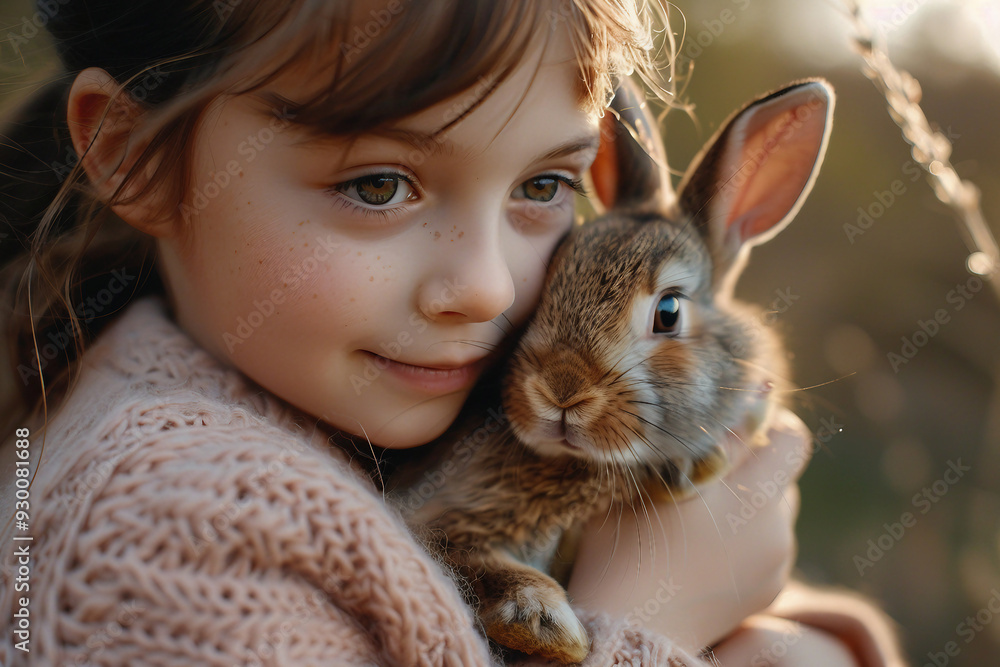 Generative ai image of cute adorable child playing and interacting with animal Generative ai image of cute adorable child playing and interacting with animal