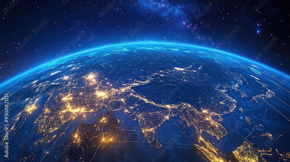 Obraz premium A digital world globe centered on Asia and the Middle East, symbolizing global connectivity, data transfer, and cyber technology.